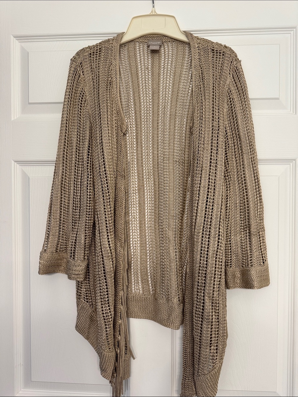 Chico's Open-Knit Fringe Cardigan in Taupe